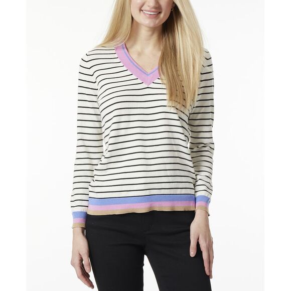 Womens Relaxed V Neck Sweater With Stripes - Picture 1 of 1